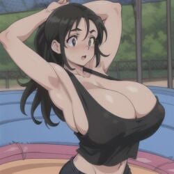 1girls ai_generated big_breasts black_hair cleavage female female_only large_breasts loose_clothes small_image stable_diffusion tank_top