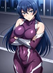 1girls ai_generated big_breasts blue_eyes blue_hair bodysuit breast_hold busty covered_navel crossed_arms female female_only green_eyes hi_res igawa_asagi joker_(artist) large_breasts legs long_hair looking_at_viewer pink_lipstick smile solo taimanin_(series) taimanin_asagi taimanin_asagi_battle_arena