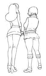 2018 2girls animated ass big_ass bottomless daphne_blake dress_lift female female_only jjfrenchie monochrome no_panties scooby-doo standing velma_dinkley