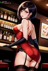 ada_wong ai_generated ass black_panties black_stockings breasts dress looking_at_viewer nagual-ui red_dress red_eyes resident_evil resident_evil_4 stockings viewed_from_below