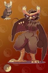 anthro beak bird_feet brown_fur claws eye_bags feathered_wings feathers female female_only game_freak noctowl nsft owl owl_girl pokéball pokémon pokemon pokemon_(species) red_eyes reference_image self_upload solo_female solo_focus winged_arms wings