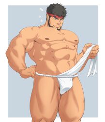 bara black_hair flustered flustered_male fundoshi kurotetsu kurotetsu1379 male_only plain_background ryu_(street_fighter) solo_male street_fighter street_fighter_6 underwear