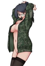 armedshipyard escape_from_tarkov functionally_nude glasses jacket naked_jacket no_bra no_panties open_jacket original_character ponytail thighhighs