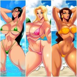 3girls amelia_(kim_possible) amelia_rodriguez athletic athletic_female big_breasts bikini bottom_heavy breasts bubble_ass bubble_butt busty cleavage color curvaceous curvy curvy_figure dark-skinned_female dark_skin digital_media_(artwork) disney disney_channel eyebrows eyelashes eyes female female_focus female_only fit fit_female flora_king green_bikini hair henrik-drake hhammerh hips hourglass_figure huge_breasts human hyper_ass kim_possible large_breasts legs light-skinned_female light_skin lips long_hair massive_ass mature mature_female micro_bikini milf multiple_girls orange_bikini original_character pink_bikini round_ass round_breasts rsahnp shego straight strapless_bra swimsuit thick thick_ass thick_legs thick_thighs thighs top_heavy upper_body voluptuous waist wide_hips