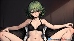 ai_generated black_bra exposed_breasts green_eyes green_hair lingerie lingerie_only micro_bikini micro_bra open_shirt ribs short_hair skinny small_breasts spread_legs