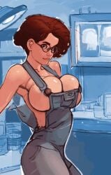 1girls 2022 animated areolae breast_slip breasts breasts_out brown_hair glasses jjfrenchie nipples overalls