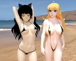 2girls 3d ahoge areola_slip armpits arms_behind_head beach belly_button black_hair blake_belladonna blonde_hair canon_couple cat_ears catgirl color faunus imminent_wardrobe_malfunction kemonomimi long_hair looking_at_viewer lovingrwby navel ocean purple_eyes pussy_peek rooster_teeth rwby sling_bikini slingshot_swimsuit smile stomach string_bikini tagme too_small_bikini yang_xiao_long yellow_eyes