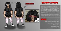 1boy absurd_res absurdres black_hair black_nails black_shirt blue_eyes blush character_profile clothed clothes derpfacensfw eyeshadow femboy feminine feminine_male male male_only original_characters pink_stripes sammy_(derpfacensfw) self_upload shirt shorts signature sneakers text thigh_highs thighs