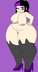 bibi_(brawl_stars) big_breasts big_thighs black_hair brawl_stars chubby_female full_body heels_only jacksita1234 purple_eyes