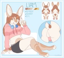 1boy 1femboy anthro anus ass boxers_(clothing) clothed clothing crop_top femboy femboy_focus femboy_only feminine feminine_body feminine_male feminine_pose for_sale genitals gesture girly headphones hi_res lagomorph leporid male mammal mochiibat model_sheet paws penis rabbit shirt solo topwear underwear v_sign