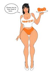 1girls asian_female bimbo bimbo_lips black_hair food high_heels hooters hooters_uniform huge_breasts puffygirl1 serving_food serving_tray short_shorts tank_top thick_lips thigh_gap waitress wide_hips