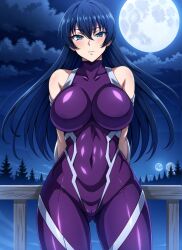 1girls ai_generated big_breasts blue_hair bodysuit breast_hold busty covered_navel crossed_arms female female_only green_eyes hi_res igawa_asagi joker_(artist) large_breasts legs long_hair looking_at_viewer pink_lipstick smile solo taimanin_(series) taimanin_asagi taimanin_asagi_battle_arena