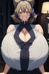 ai_generated bare_shoulders black_ribbon breasts breasts_bigger_than_head buttons cleavage cleavage_cutout confident earmuffs gigantic_breasts grin grinning hair_between_eyes kloah_(style) light_brown_hair looking_at_viewer open_mouth pointy_hair ribbon shirt short_hair sleeveless sleeveless_shirt touhou toyosatomimi_no_miko white_shirt yellow_eyes