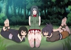 3girls arms_behind_back barefoot big_breasts black_eyes black_hair blush bondage breast_press brown_eyes captured confettish feet female female_only fetish fishnet fishnet_shirt foot_fetish foot_focus forest gag headband kimono konohagakure_symbol kunoichi kurenai_yuhi lying_on_stomach mature mature_female milf mitarashi_anko mouth_gag naruto naruto_(series) naruto_shippuden nature ninja no_shoes on_floor on_stomach outdoors purple_hair red_eyes restrained shirt shizune skirt soles take_your_pick tied_up toes vest voluptuous yuuhi_kurenai