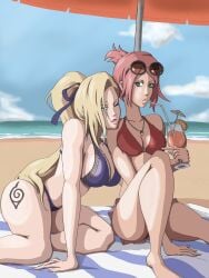 2girls alternate_hairstyle barefoot big_breasts bikini blonde_hair blue_eyes body_writing boruto:_naruto_next_generations breast_press breast_size_difference breasts cleavage drink drinking drinking_glass female female_only flirting glass green_eyes huge_breasts implied_yuri ino_yamanaka kneeling konohagakure_symbol medium_breasts midriff milf multiple_girls naruto naruto:_the_last naruto_(series) naruto_shippuden necklace outdoors pink_hair ponytail sakura_haruno sand sea seaside sitting sunglasses sunglasses_on_head swimsuit tied_hair towel uchiha_symbol umbrella wanderagro893 water wink yuri