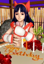 1boy 1girls 3d ainu_clothes big_penis cake female hair_ribbon handjob hi_res huge_cock long_hair male nakoruru penis ponhiki purple_eyes purple_hair samurai_shodown smile snk