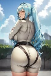 ai_generated ass blue_hair blush breasts cameltoe crossed_arms female from_behind goddess_of_victory:_nikke huge_ass large_breasts long_hair looking_at_viewer looking_back military military_uniform open_mouth privaty_(nikke) shiny shiny_clothes shiny_hair short_shorts shorts sideboob solo twintails uniform very_long_hair yellow_eyes