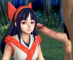 1boy 1girls 3d ainu_clothes big_penis breasts cum facial female hair_ribbon hi_res huge_cock long_hair looking_at_viewer looking_pleasured male nakoruru nude penis ponhiki purple_eyes purple_hair samurai_shodown seductive seductive_look seductive_smile small_breasts smile snk