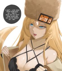 1girls blonde_hair blue_eyes dazed drooling english_text eroborne extremely_long_hair guilty_gear guilty_gear_strive hypnosis lacy_bra lingerie long_hair millia_rage mind_control obedience partial_nudity partially_clothed pendulum pendulum_swinging pulling_clothing pulling_off_clothes removing_clothing removing_jacket underwear undressing