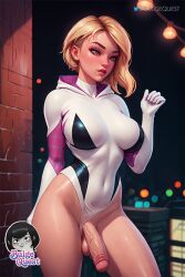 1futa ai_generated balls big_breasts blonde_hair bodysuit breasts bulge_quest erect_penis erection futa_only futa_sans_pussy futanari gwen_stacy looking_at_viewer marvel penis penis_out pinup short_hair spider-man:_into_the_spider-verse spider-man_(series) vein veins veiny veiny_penis