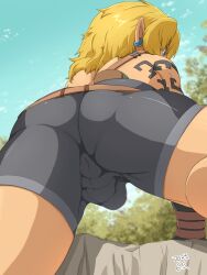 2023 anus_outline ass backsack balls_outline black_clothing blonde_hair bulge butt_squish chirasgi clothed clothing ear_piercing ear_ring eyebrows femboy genital_outline grey_clothing hair hi_res humanoid humanoid_pointy_ears hylian link link_(tears_of_the_kingdom) low-angle_view male male_only nintendo no_visible_genitalia not_furry perineum_outline piercing ring_piercing solo solo_male squish the_legend_of_zelda