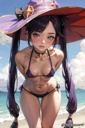 ai_generated aqua_eyes bikini blush breasts choker female female_only genshin_impact hips leaning_forward long_hair mona_(genshin_impact) navel nervous nipple_bulge petite petite_body petite_female purple_hair small_breasts solo suicidespit thick_thighs thigh_gap thighs twintails witch_hat