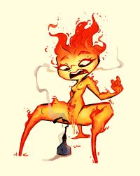 2023 absurd_res bodily_fluids breasts burnt crouching crouching_over_dildo cum cum_drip digital_media_(artwork) dildo disney dripping elemental_(pixar) elemental_creature elemental_humanoid ember_lumen embers female fire fire_creature fire_humanoid flaming_hair fluttershythekind genital_fluids genitals hi_res humanoid humanoid_genitalia lava masturbation navel nipples nude open_mouth orange_body pixar pseudo_hair pussy pussy_juice raised_arm sex_toy simple_background smoke solo teeth tongue yellow_background