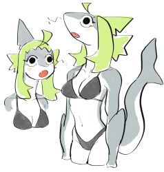 anthro bikini bra breasts cat_pepper shark silly simple_background