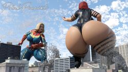 2girls 3d ass big_ass big_breasts black_widow_(marvel) breasts building_destruction captain_marvel carol_danvers city costume destruction female giantess gigantic_ass huge_ass large_ass marvel natasha_romanoff polakpeasant scarlett_johansson