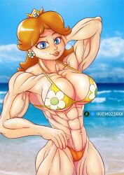 1girls abs beach biceps big_breasts big_thighs bikini blue_eyes breasts cleavage crown curvy earrings female female_only flower_earrings ginger_hair half-closed_eyes hand_behind_head human ikiemo23xxx light-skinned_female light_skin lips lipstick looking_at_viewer mario_(series) muscle_growth muscles muscular nintendo pinup princess_daisy self_upload shoulders solo thick thick_hips thick_thighs wide_hips