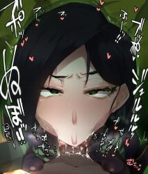 :>= black_hair blowjob blowjob_face bodysuit dark-skinned_male dark_skin faceless_male fellatio female green_eyes interracial irrumatio medium_hair no_hand_blowjob oral sweat tagme takasaki_aneki text tongue_out unseen_male_face valorant viper_(valorant)