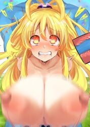 1boy absurdres bare_shoulders blonde_hair blush breasts commission dogoo_man female highres huge_breasts kami_jigen_game_neptune_v large_breasts long_hair misaki_(nounaikakusan) neptunia_(series) nipples open_mouth orange_eyes pixiv_commission power_symbol symbol-shaped_pupils upper_body very_long_hair yellow_eyes yellow_heart_(neptunia)