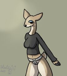 2023 anthro black_clothing black_shirt black_topwear bottomless bottomless_anthro bottomless_female breasts chastity_belt chastity_device clothed clothing deer female female_chastity green_background hoof_hands hooves lock mammal metal_chastity_belt padlock shaded shirt simple_background standing steelgatomon submissive submissive_anthro submissive_female topwear