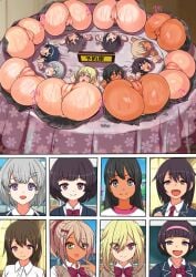 6+girls 8girls anus bottomless_skirt censored comic exposed_breasts exposed_pussy furitendou imminent_rape multiple_girls no_panties original original_characters public_use pussy school_uniform schoolgirl stuck stuck_in_object sweat take_your_pick translated