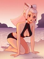 beach breasts breath_of_the_wild brown_eyes bunwithabow cleavage cleavage_cutout forehead_mark forehead_tattoo kneeling long_ears long_hair paya_(the_legend_of_zelda) pointy_ears sheikah sunset swimsuit tattoo tears_of_the_kingdom the_legend_of_zelda white_hair