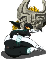 anus ass butt_squish female genitals grin hand_on_butt hi_res humanoid humanoid_pointy_ears imp looking_at_viewer lying markings midna nintendo on_side pussy rear_view simple_background smile solo squish the_legend_of_zelda twili twilight_princess vono white_background