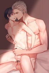 2boys anal bar_censor bed_sheet black_hair blush breath censored collarbone commentary_request completely_nude cum cum_in_ass cum_on_body cum_on_boy cum_on_self cum_on_stomach erection eye_contact face-to-face hair_slicked_back hair_strand hand_on_another's_arm handjob hickey highres indoors looking_at_another male_focus multiple_boys multiple_penises navel nipple_tweak nipples nude original parted_lips pectorals penis perineum petite profile reach-around reverse_upright_straddle sex sex_from_behind shade short_hair sionel_lubin sitting skinny spiked_hair testicles white_hair yaoi