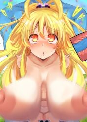 1boy absurdres bare_shoulders blonde_hair blush breasts commission dogoo_man female highres huge_breasts kami_jigen_game_neptune_v large_breasts long_hair misaki_(nounaikakusan) neptunia_(series) nipples open_mouth orange_eyes pixiv_commission power_symbol symbol-shaped_pupils upper_body very_long_hair yellow_eyes yellow_heart_(neptunia)