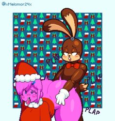 accessory all_fours animatronic anthro ass big_butt black_eyes blue_eyes blush blush_lines bodily_fluids bottomless bow_tie brown_body brown_ears brown_tail christmas christmas_clothing christmas_headwear clothed clothing digital_media_(artwork) duo female female_penetrated from_behind_position gloves hair hair_accessory hairpin half-closed_eyes hand_on_butt handwear hat headgear headwear hi_res holidays humanoid lagomorph leporid long_ears looking_pleasured machine male male/female male_penetrating male_penetrating_female mammal may_(xmelomor24x) multicolored_body multicolored_ears narrowed_eyes onomatopoeia partially_clothed pattern_background penetration pink_body pink_hair pixel_(artwork) rabbit red_bow_tie red_clothing red_hat red_headwear red_sweater red_topwear robot saliva saliva_string santa_hat scut_tail sex short_tail simple_background sound_effects standing sweater tail tan_body tan_ears tan_tail teeth text thick_thighs tongue tongue_out topwear two_tone_body two_tone_ears two_tone_tail white_clothing white_gloves white_handwear xmelomor24x