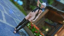 2023 alphinaud_leveilleur back_view background black_dress black_nails feet femboy final_fantasy_xiv girly posing stirrup_legwear tagme