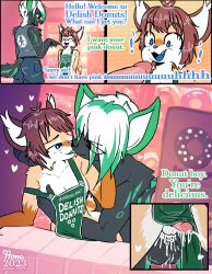 absurd_res anal anal_sex ande_(hima_nsfw) anthro apron apron_only balls big_balls blue_eyes bodily_fluids bottomwear brown_hair canid canine clothing coffee_shop cum dessert dialogue doughnut duo excessive_cum excessive_genital_fluids felid feline food fox fur genital_fluids genitals green_highlights green_markings grey_body grey_fur hair hand_on_chest hand_on_head heart hi_res highlights_(coloring) hima_nsfw holding_chest holding_head hybrid hyena kissing lynx making_out male male/male mammal markings muscular orange_body orange_fur pants penetration shirt shocked_expression slim tan_body tan_fur tank_top topwear white_body white_fur white_hair