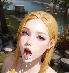 1girls ai_generated blonde_hair blush cum cum_in_mouth cum_on_face cute eyelashes female gray_eyes light-skinned_female light_skin lips looking_at_viewer nature nature_background open_mouth pale-skinned_female pale_skin pixai straight_hair tongue tongue_out young