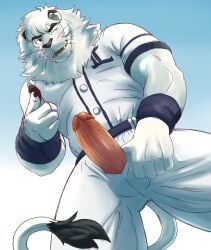 2023 5_fingers anthro baseball_uniform beastsauc3 belt biped bottomwear clothed clothing digital_media_(artwork) erection eyebrows felid finger_gun fingers fully_clothed fur genitals gesture glans hi_res humanoid_genitalia humanoid_penis leo_(saitama_seibu_lions) lion low-angle_view male mammal mane mascot muscular muscular_anthro muscular_male nippon_professional_baseball one_eye_closed pantherine pants penis penis_through_fly poking_out saitama_seibu_lions shirt solo sportswear standing tail tail_tuft topwear tuft uniform whiskers white_body white_fur white_mane wink