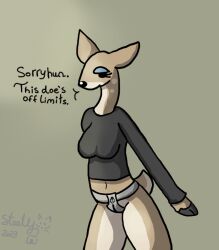 2023 anthro black_clothing black_shirt black_topwear bottomless bottomless_anthro bottomless_female breasts chastity_belt chastity_device clothed clothing deer dialogue english_text female female_chastity green_background hoof_hands hooves lock mammal metal_chastity_belt padlock shaded shirt simple_background standing steelgatomon submissive submissive_anthro submissive_female text topwear