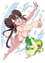 1girls 2023 ass big_breasts bikini blue_eyes blush breasts brown_hair female game_freak hi_res long_hair long_twintails nintendo one_eye_closed peace_sign pink_bikini pokemon pokemon_(species) pokemon_bw2 rosa_(pokemon) smile snivy thighs tottotonero twin_buns twintails white_background