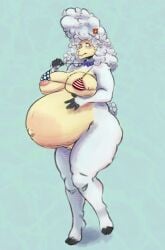 absurd_res american_flag_bikini anthro awful_lad belly belly_blush big_belly blush body_blush bottomless bovid caprine clothed clothing collar female hi_res mammal nipple_slip pregnant sha_(the_walten_files) sheep solo the_walten_files thick_thighs