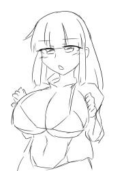 character_request cleavage huge_breasts midriff monochrome sketch teeku thick_thighs