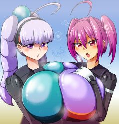 2girls breast_press busou_shinki character_request female female_only huge_breasts looking_at_viewer teeku