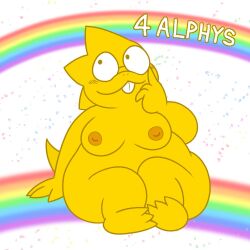 alphys anthro breasts buckteeth detailed_background eyewear fat fat_female fat_woman female glasses nipples nishi_oxnard nishioxnard rainbow scales sitting smile solo teeth text undertail undertale undertale_(series) yellow_body yellow_scales