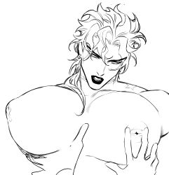 1boy dio_brando gay grabbing huang_lia jojo's_bizarre_adventure large_pectorals lipstick long_hair makeup male male_focus male_lactation milk monochrome muscular muscular_male nipples open_mouth pectoral_grab pectorals scar scar_on_neck stardust_crusaders